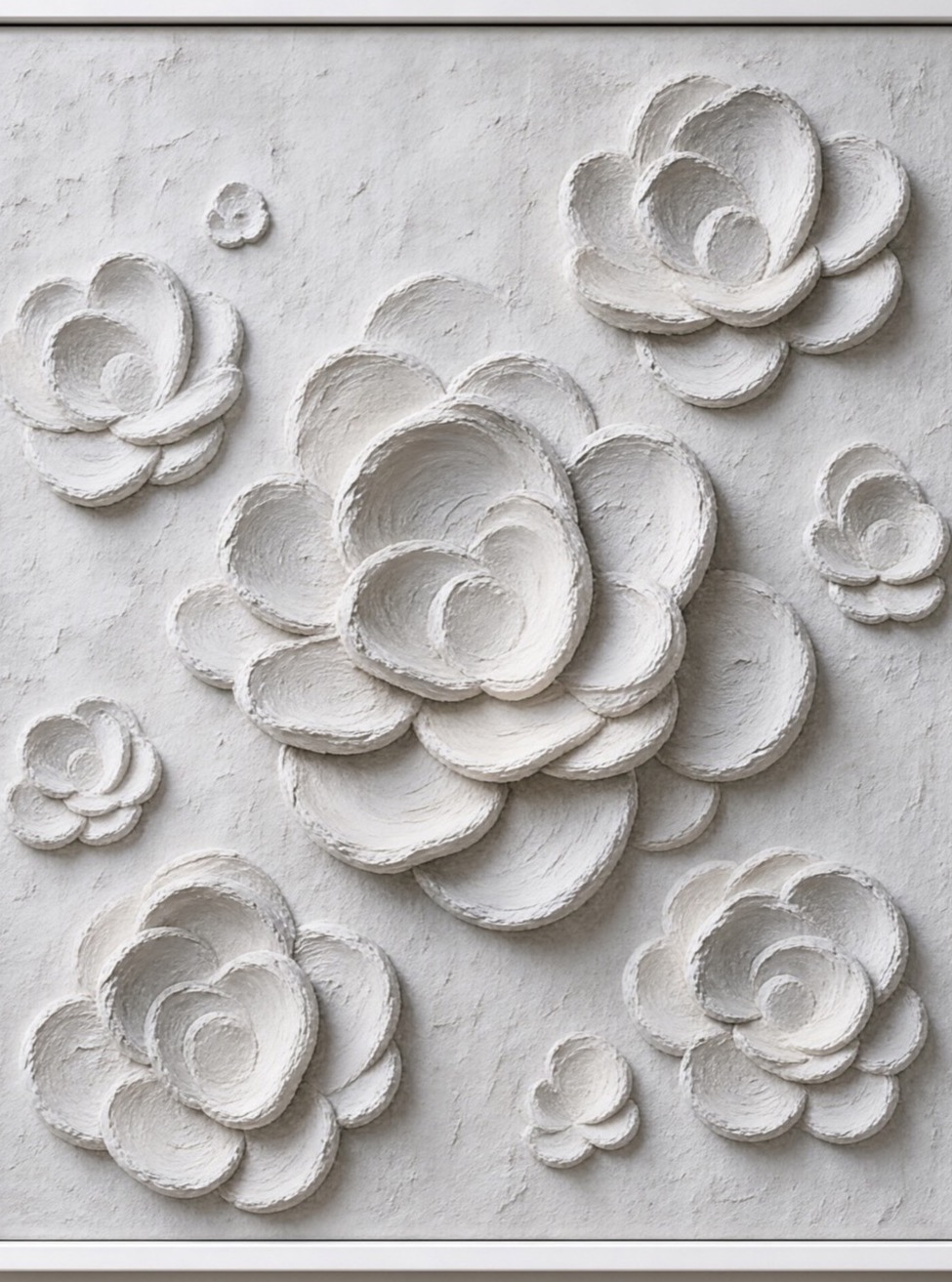 Ash Bloom — grey-white impasto bloom texture painting, white frame