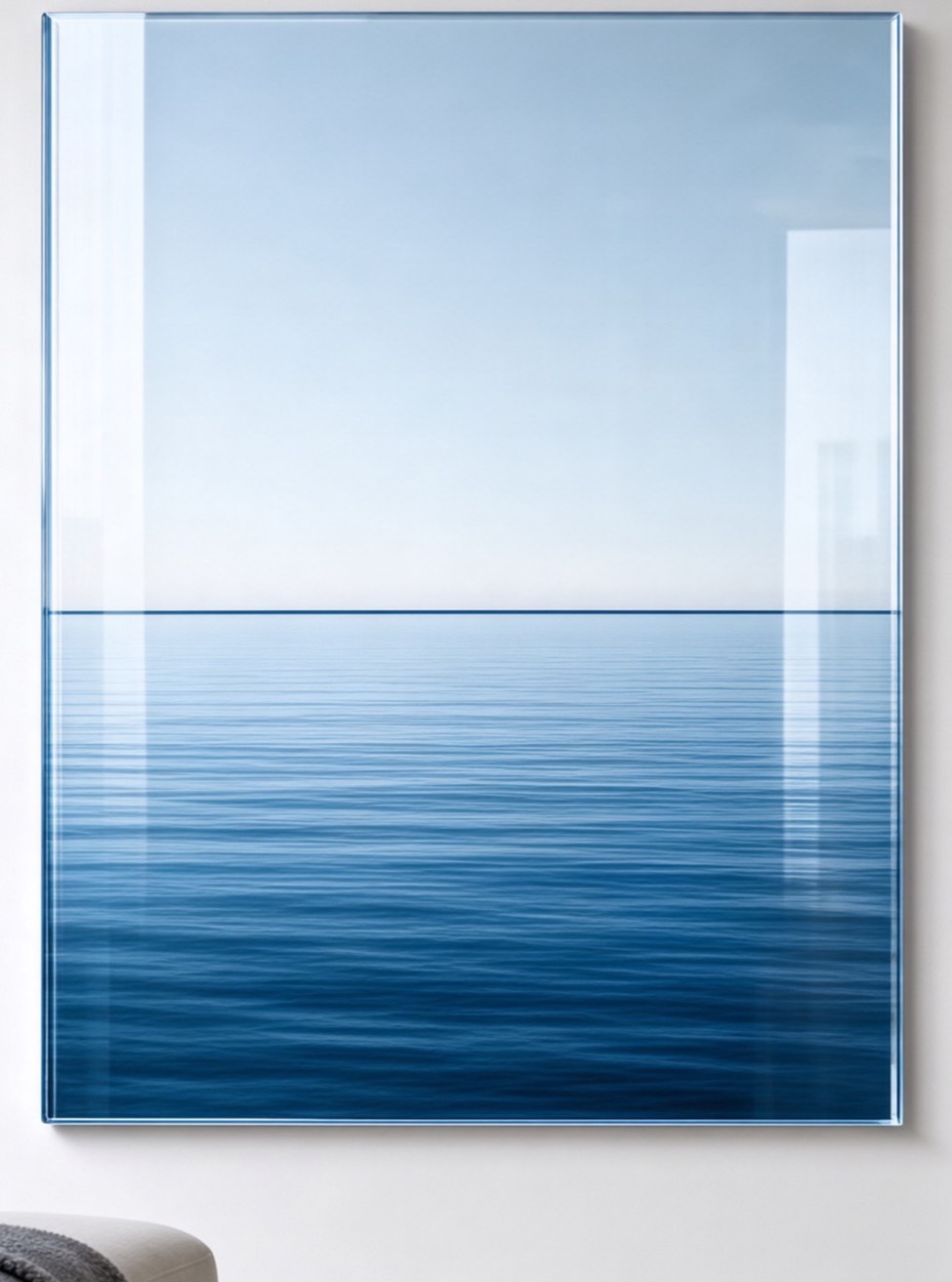 Glass Horizon — glossy acrylic print, cold-blue seascape horizon