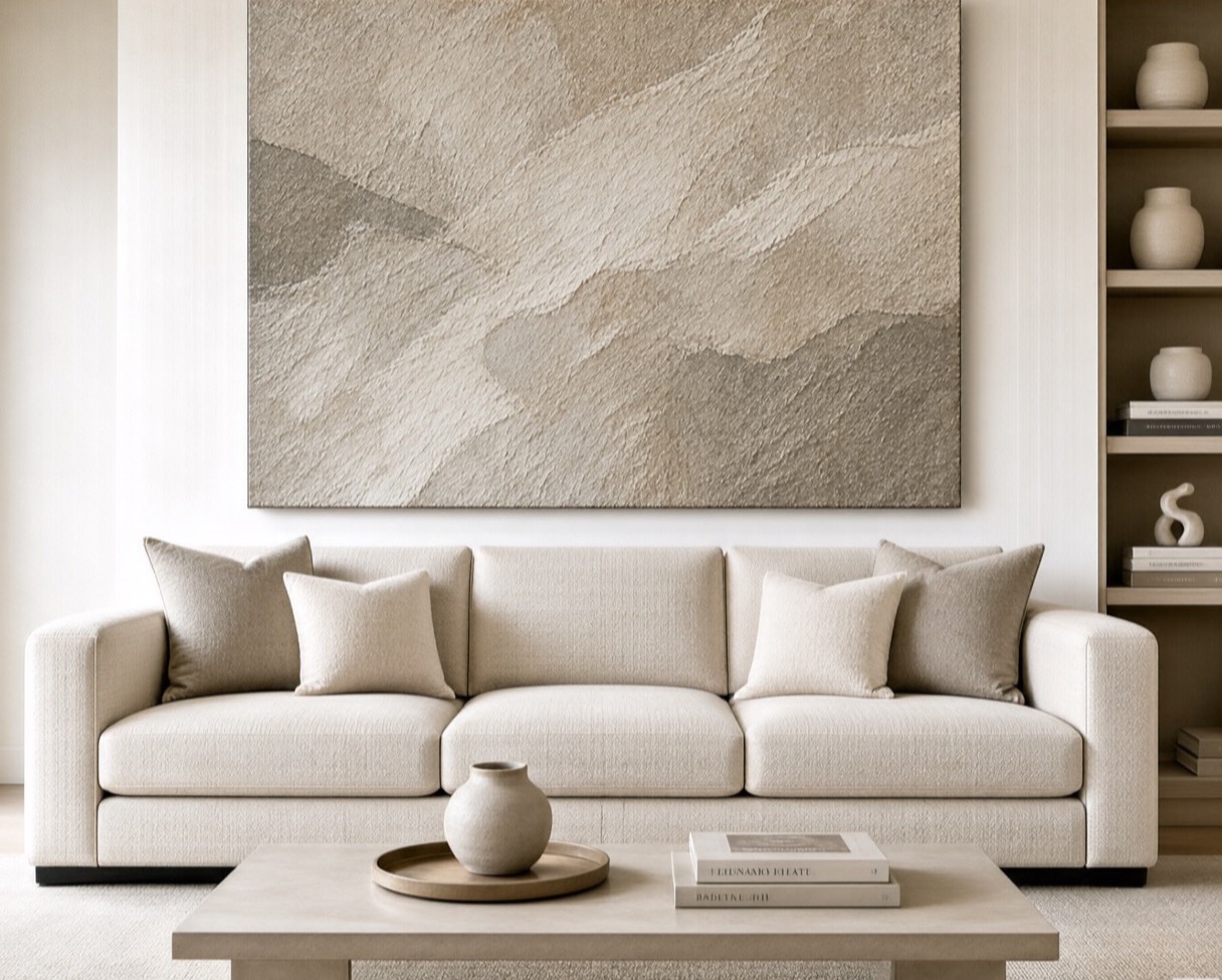 New-build living room professionally staged with oversized textured art above the sofa