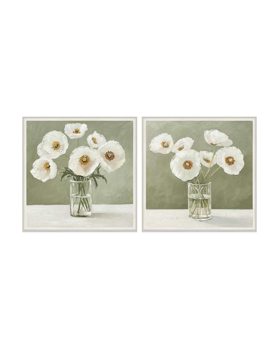 White Poppy Duo — white poppies in glass jars, paired set of 2